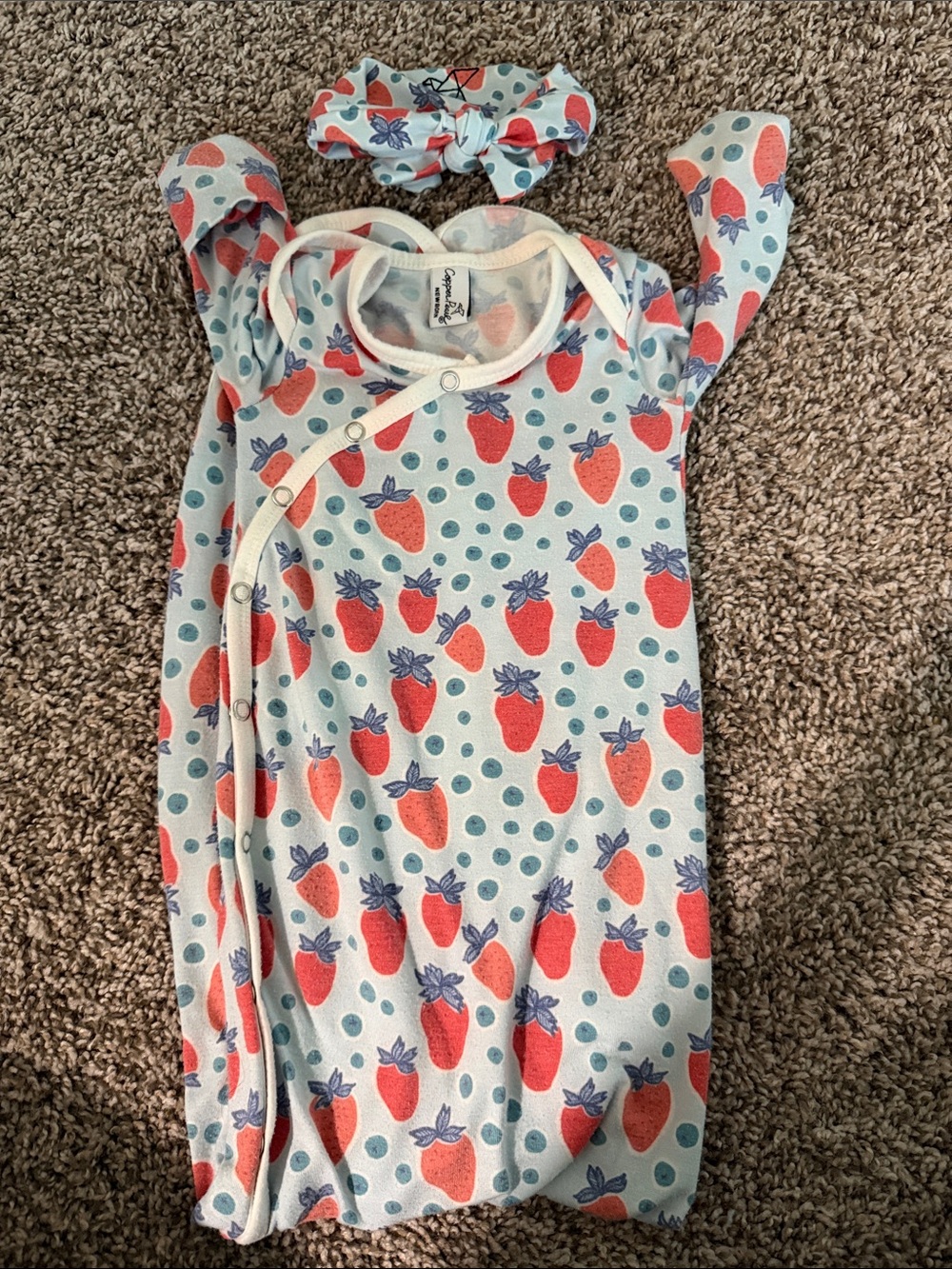 Copper Pearl newborn gown strawberry and blueberry